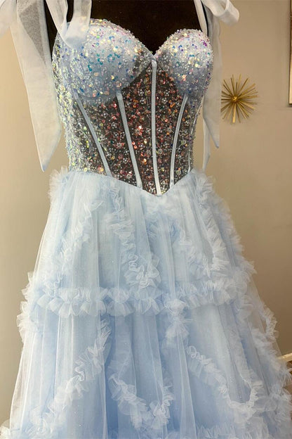 Nalda | Blue Spaghetti Straps Sequins Tulle A Line Prom Dress