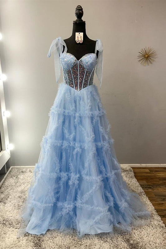 Nalda | Blue Spaghetti Straps Sequins Tulle A Line Prom Dress