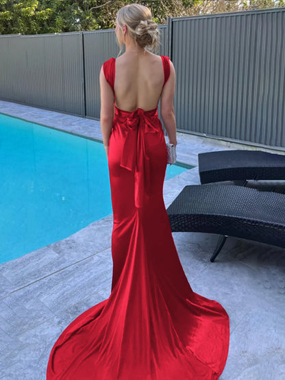 Nanala | Burgundy Mermaid Straps Satin Pleated Long Prom Dress with Train