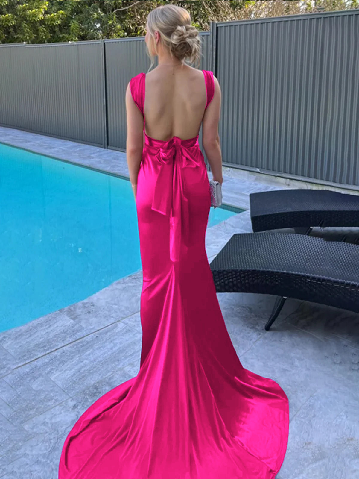 Nanala | Burgundy Mermaid Straps Satin Pleated Long Prom Dress with Train