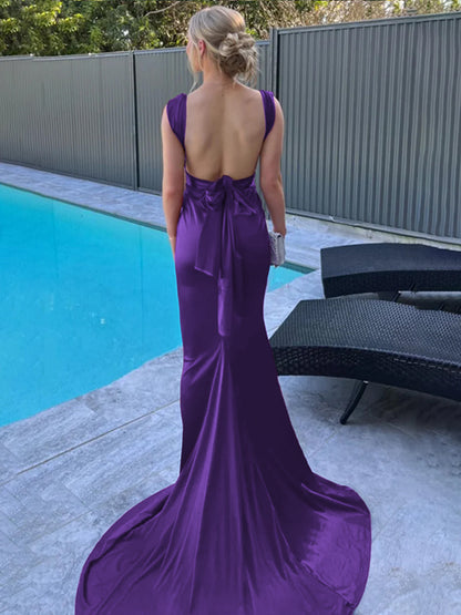 Nanala | Burgundy Mermaid Straps Satin Pleated Long Prom Dress with Train