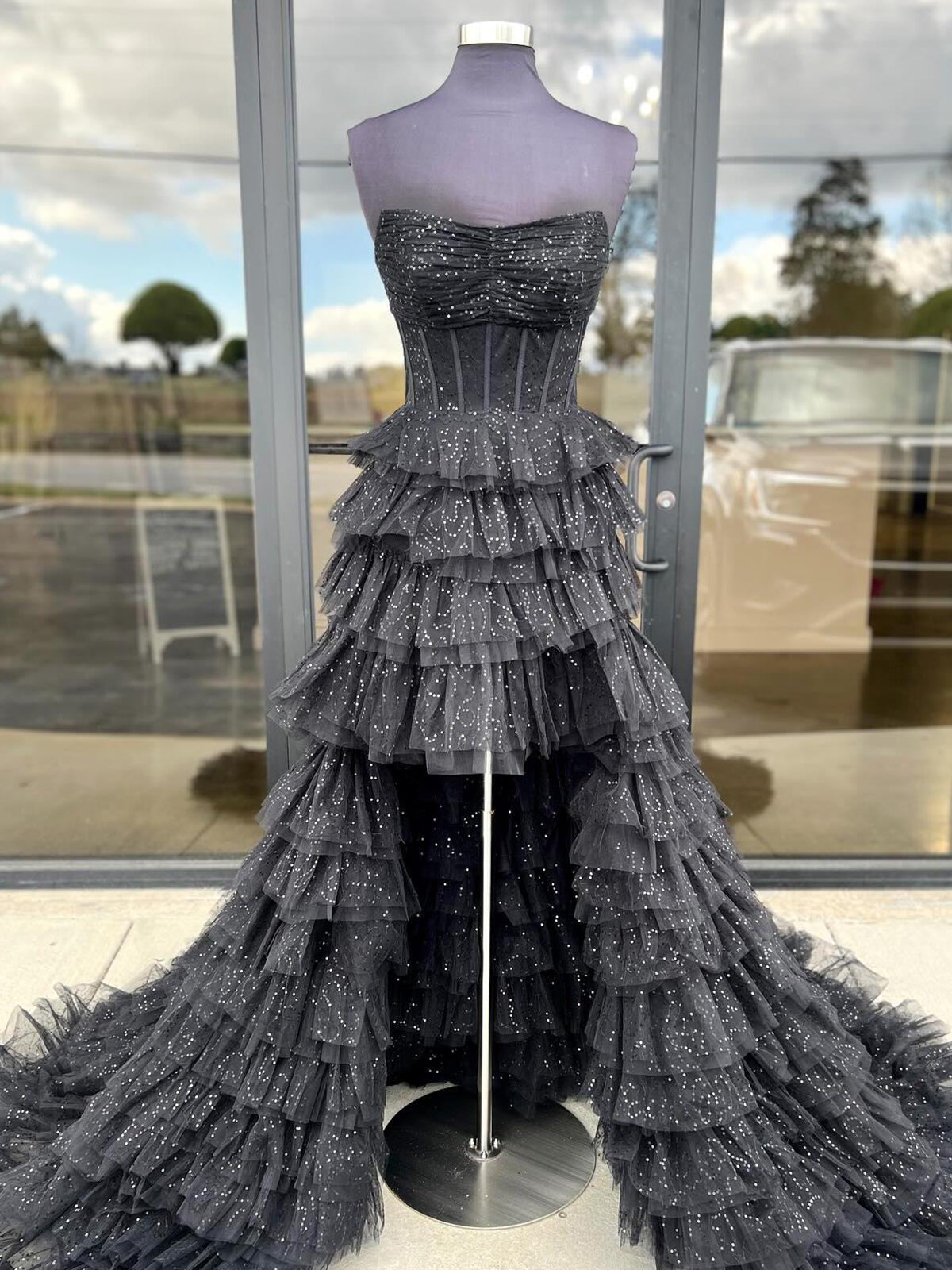 Nanette | Black Strapless High Low Ruffles Tulle Prom Dress