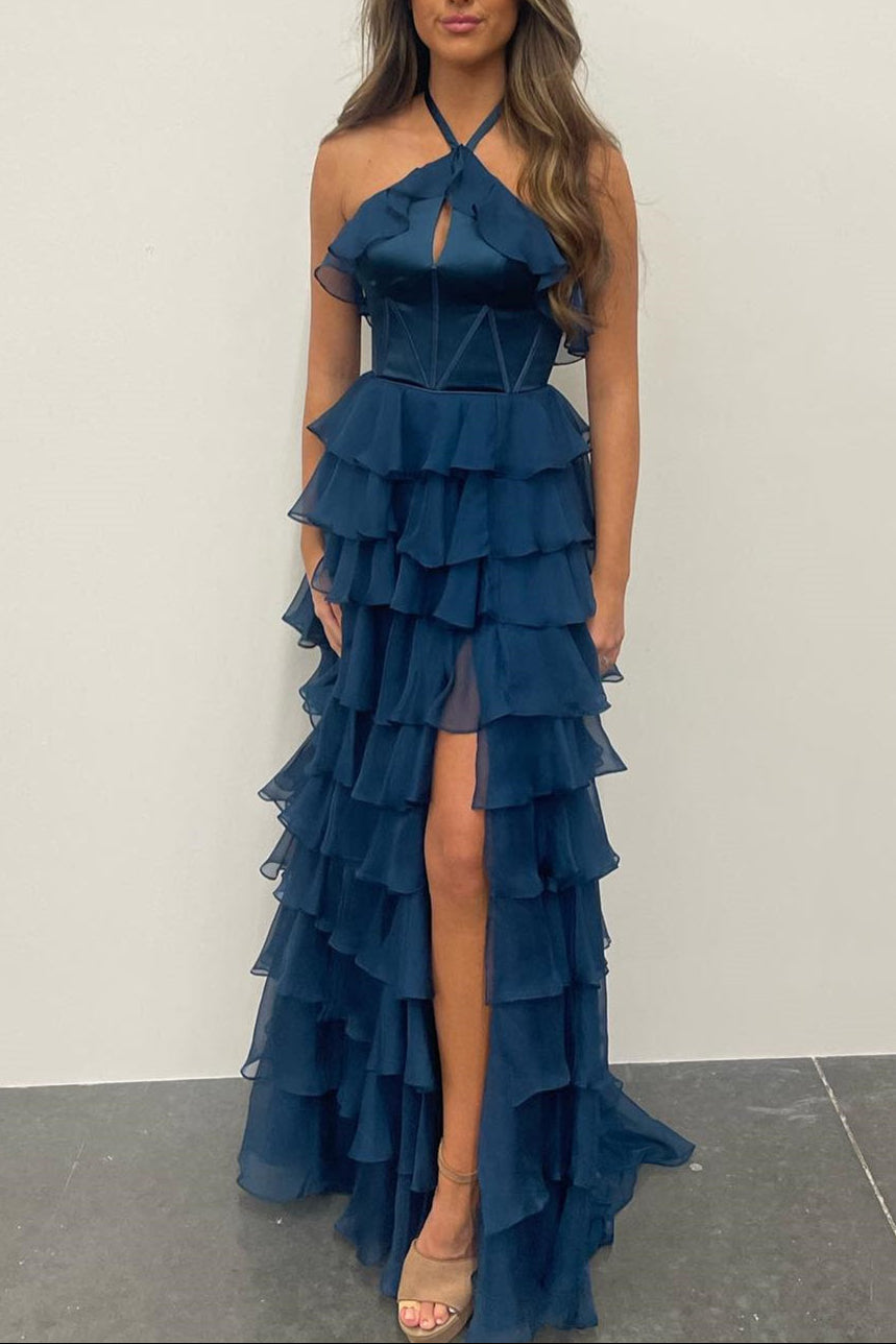 Halter Keyhole Ruffle Tiered Prom Dress with Slit