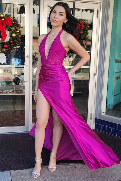 Nerute | Fuchsia Lace Applique Satin High Slit Mermaid Prom Dress