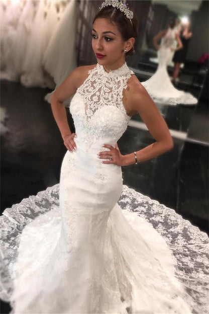 New Arrival High Neck Lace Mermaid Sleeveless Sweep Train Wedding Dress