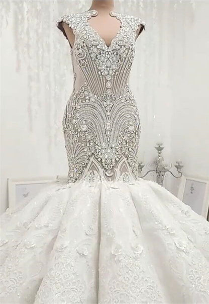 New Arrival V Neck Cap Sleeve Beads Crystals Mermaid Wedding Dress Lace Applique