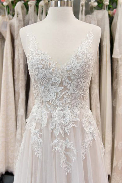 New Arrival V-neck Sleeveless Lace A line Wedding Dress