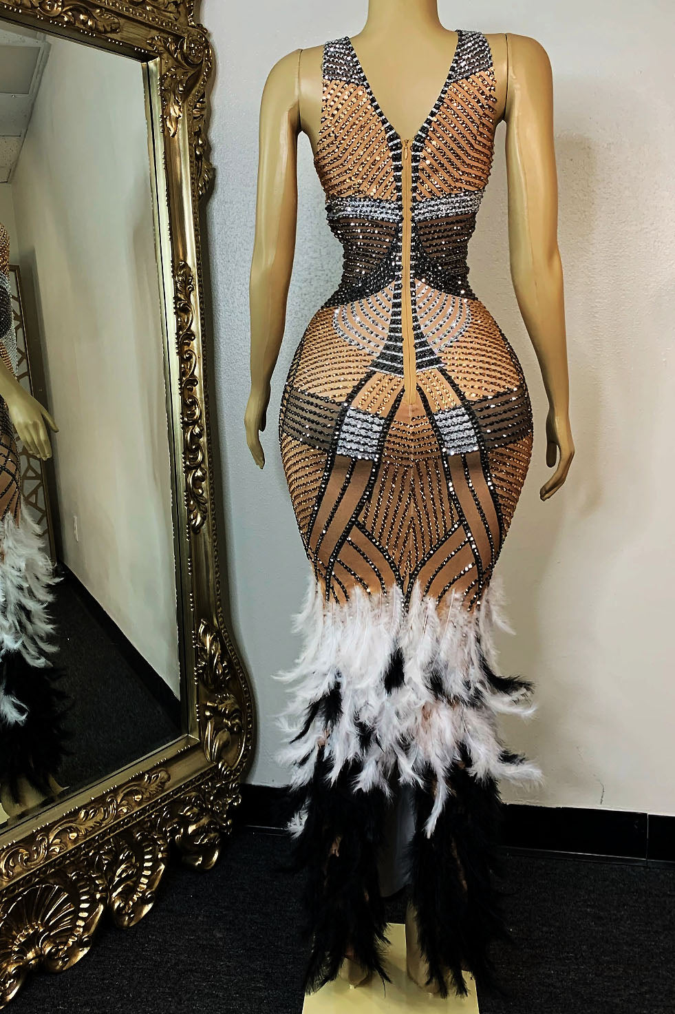 Nicole Diamante Feather Evening Dress