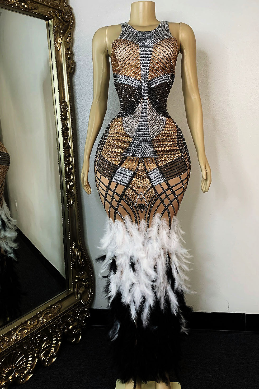 Nicole Diamante Feather Evening Dress