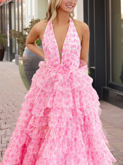 Nimue | Pink Halter Tulle Printed Ruffle Tiered A Line Prom Dresses