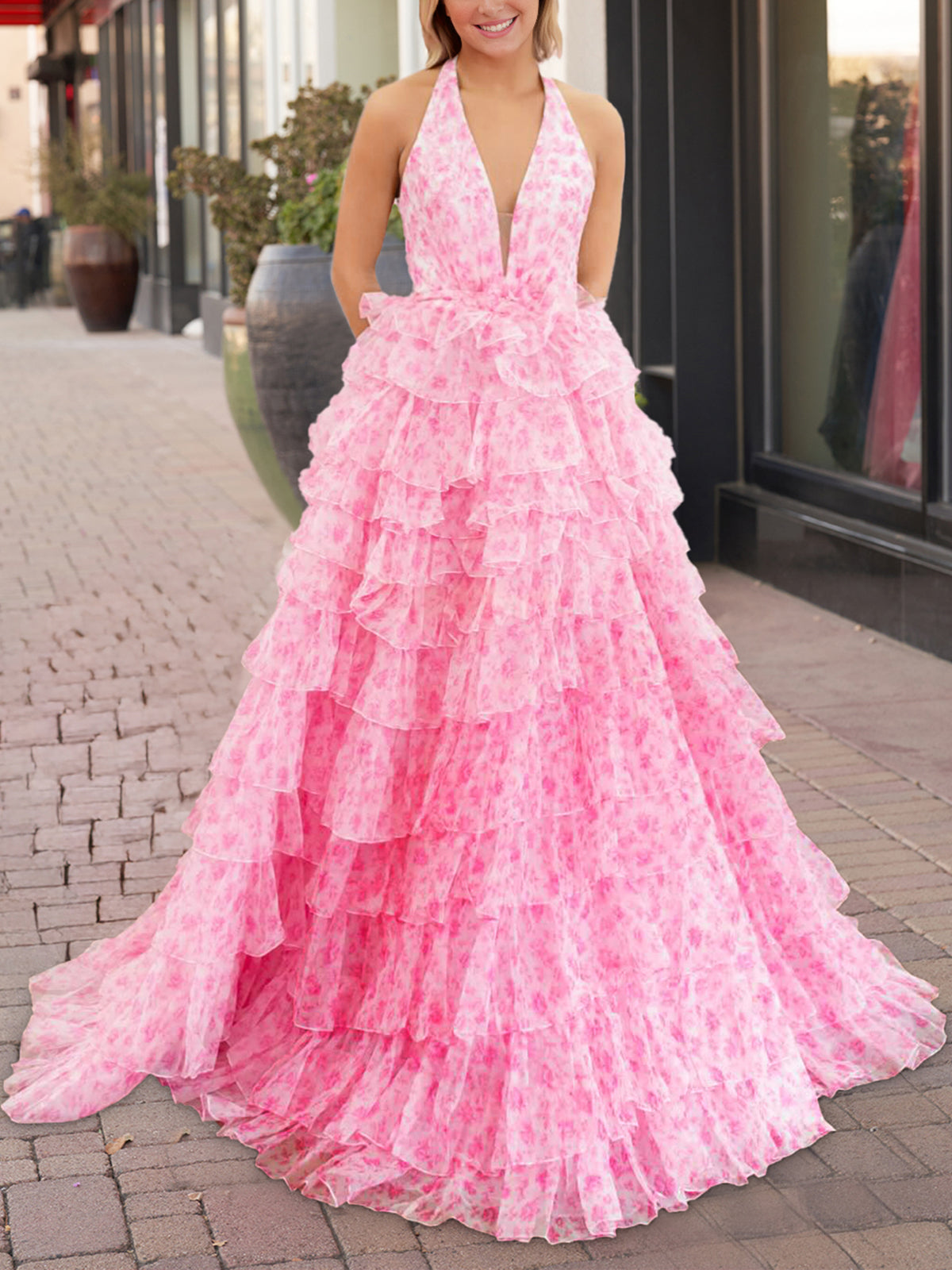 Nimue | Pink Halter Tulle Printed Ruffle Tiered A Line Prom Dresses