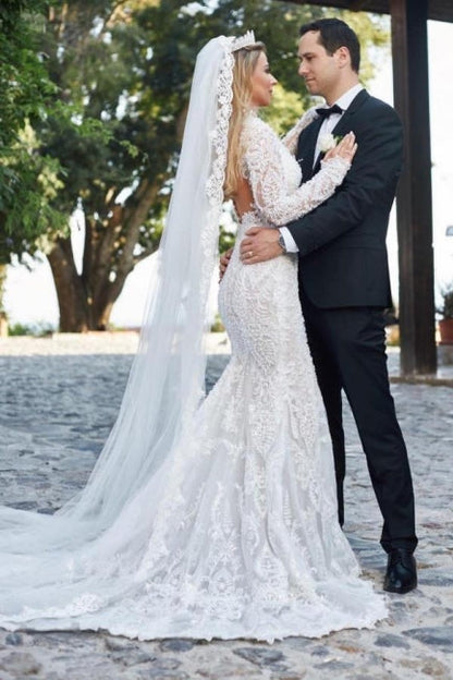 Noble vneck longsleeves mermaid lace Wedding Dresses