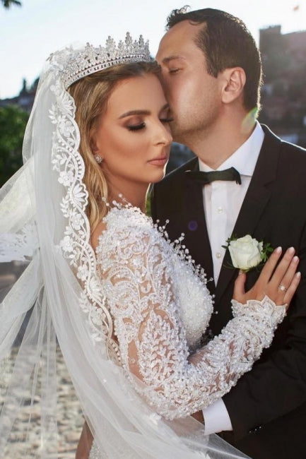 Noble vneck longsleeves mermaid lace Wedding Dresses