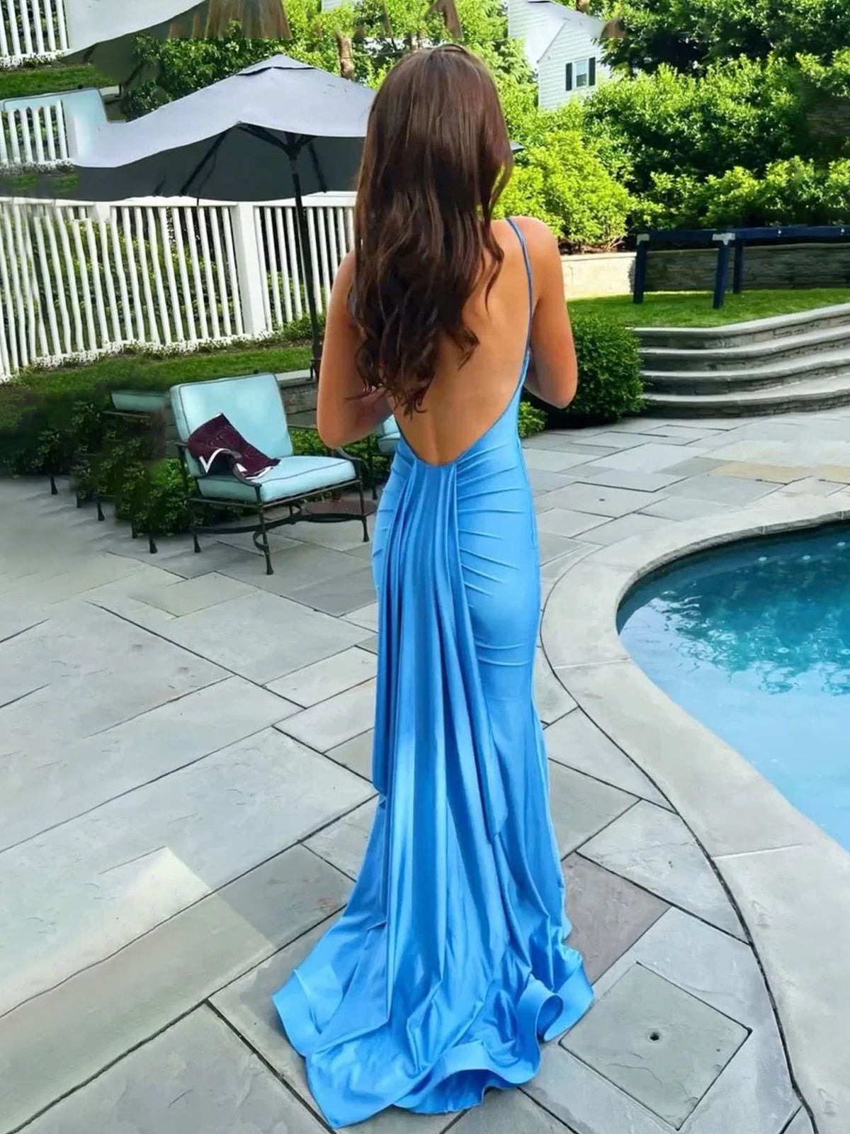 Noel | Blue Spaghetti Straps Mermaid Satin Backless Long Prom Dress