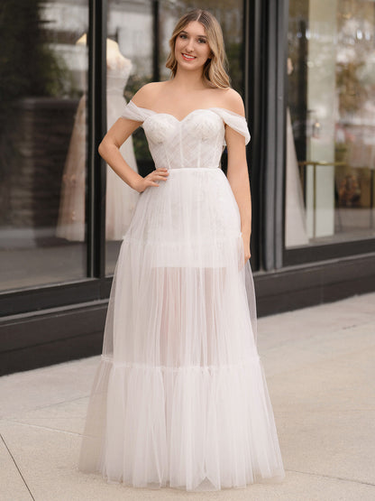 Off Shoulder A-Line Tulle Ivory Prom Dress