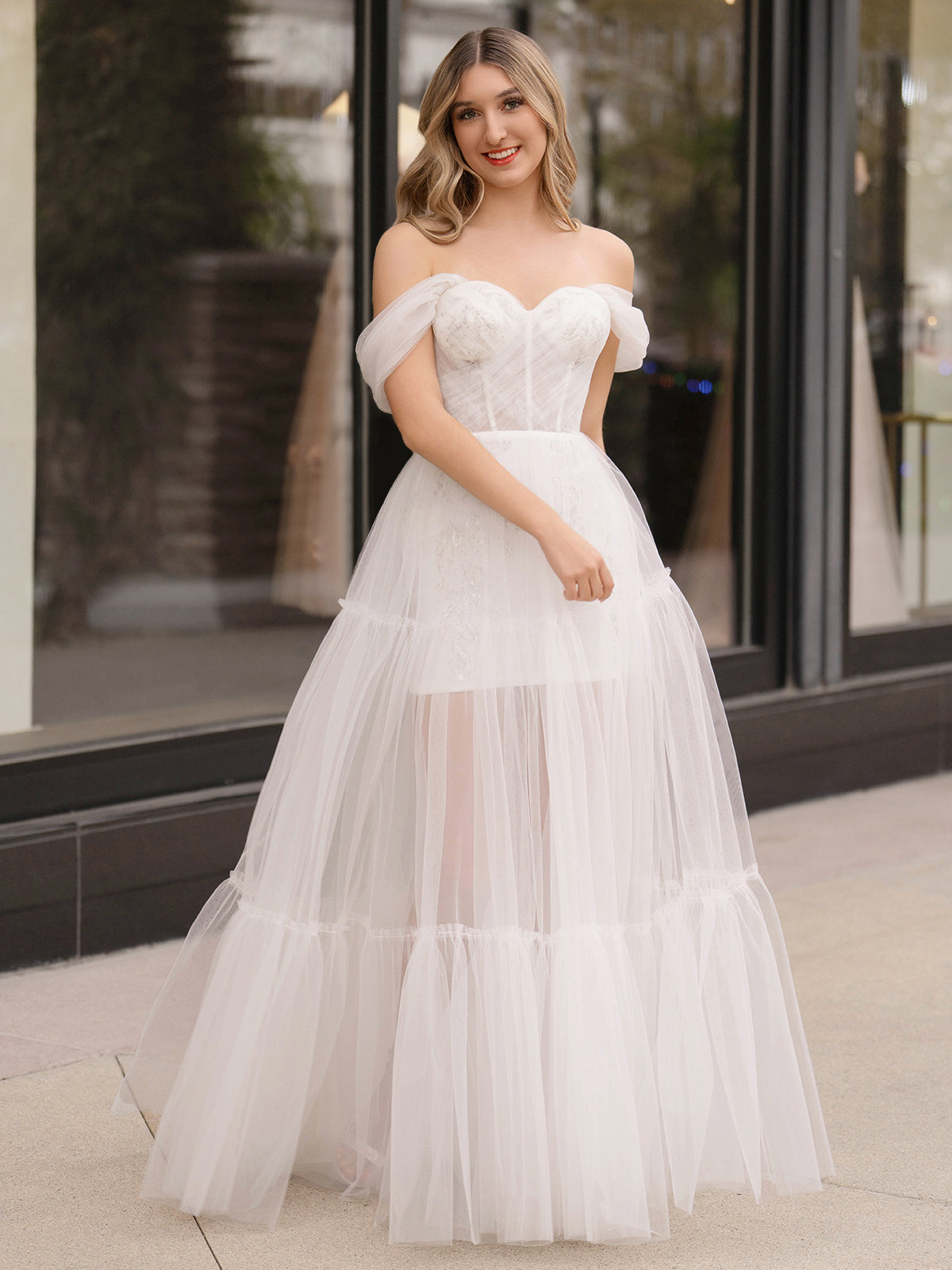 Off Shoulder A-Line Tulle Ivory Prom Dress