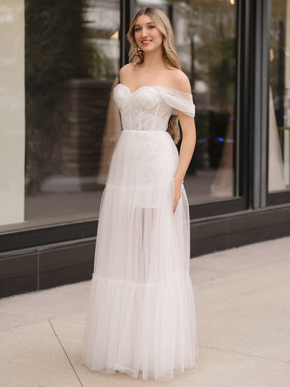 Off Shoulder A-Line Tulle Ivory Prom Dress