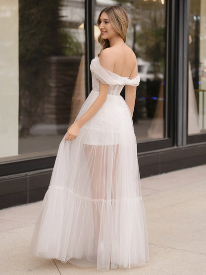 Off Shoulder A-Line Tulle Ivory Prom Dress