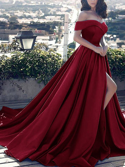 Noah | Off Shoulder Prom Dress Long Satin Formal Gowns with Slit