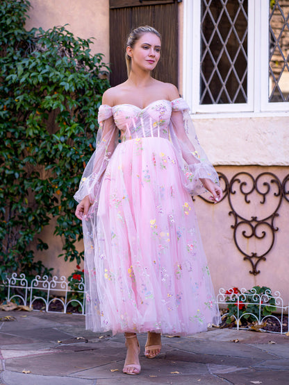 Sweetheart Neck Off the Shoulder Embroidered Tulle Prom Dress