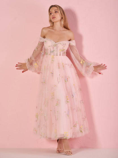 Sweetheart Neck Off the Shoulder Embroidered Tulle Prom Dress