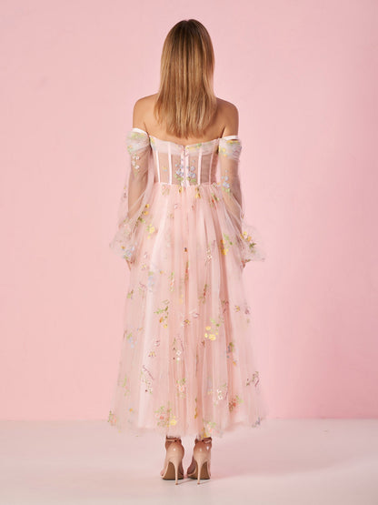 Sweetheart Neck Off the Shoulder Embroidered Tulle Prom Dress