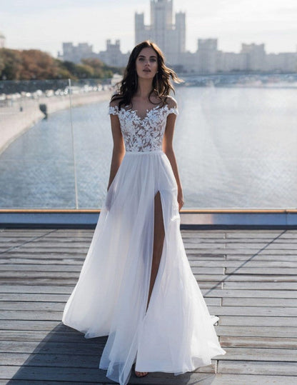 Off The Shoulder Appliques A line Wedding Dresses Side Split Tulle Bridal Gowns