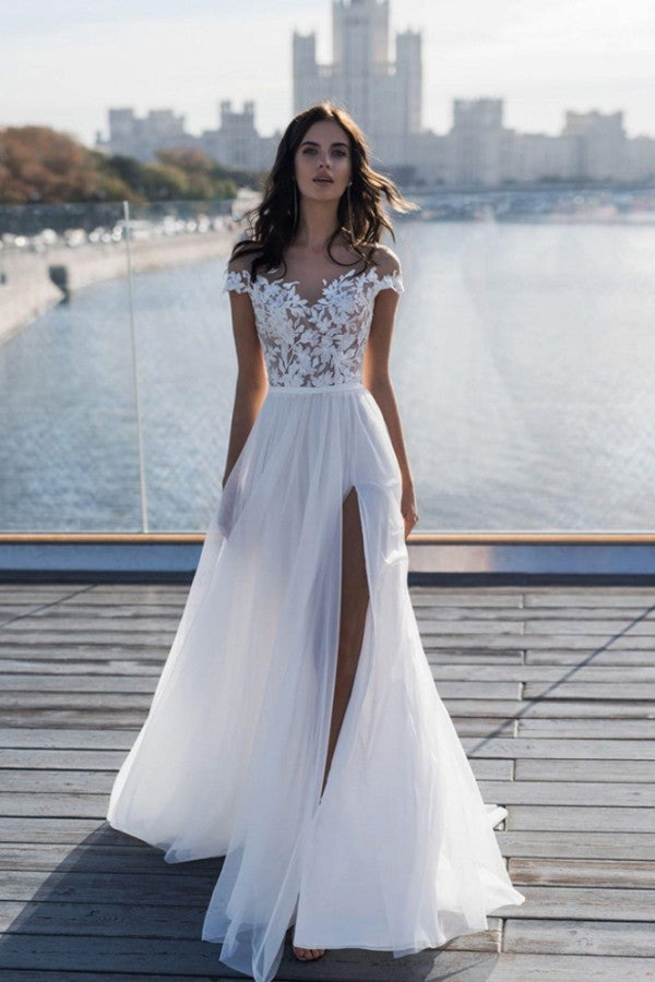 Off The Shoulder Appliques A line Wedding Dresses Side Split Tulle Bridal Gowns