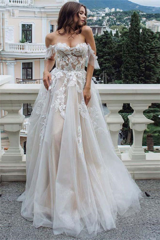 Off The Shoulder Appliques Wedding Dresses A line Tulle Bridal Gowns