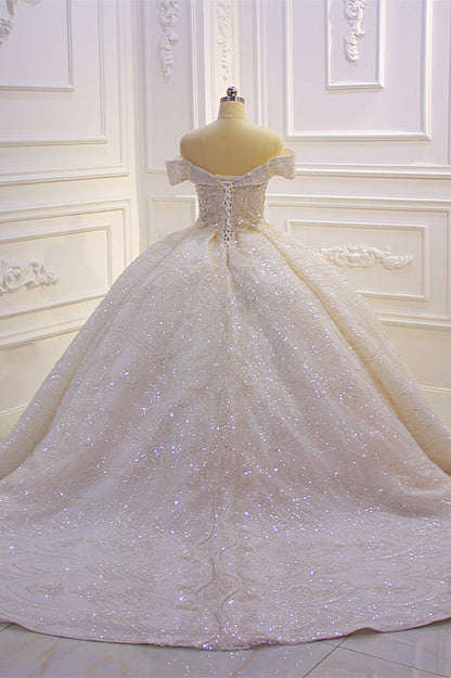 Off the shoulder Champange Puffy ball Gown Sparkle Wedding Dress