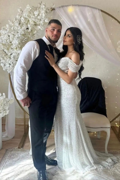 Off the Shoulder Chapel Sequined Floor Length Wedding Dresses