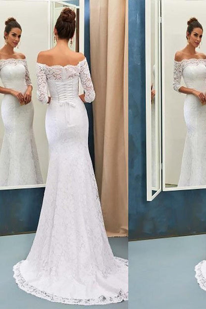 Off the Shoulder Lace Mermaid Long Sleevess Sweep Train Wedding Dresses