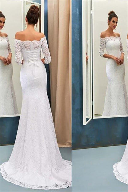 Off the Shoulder Lace Mermaid Long Sleevess Sweep Train Wedding Dresses