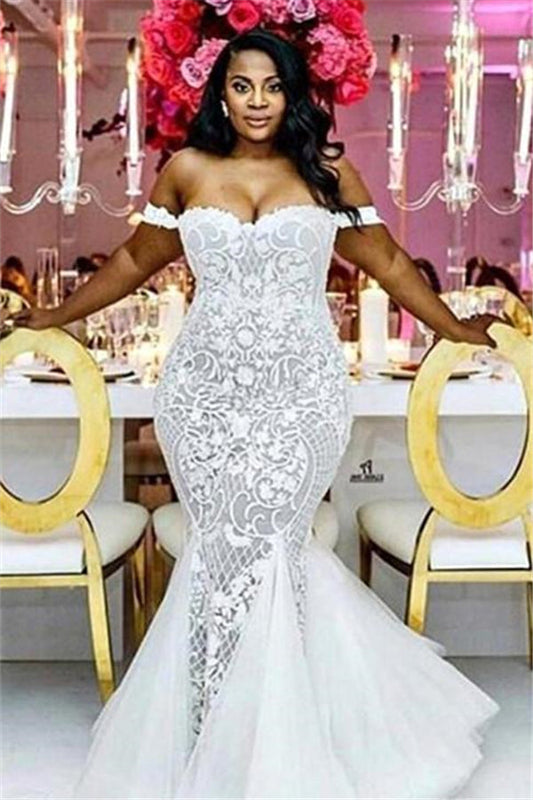 Off the shoulder Lace Mermaid Plus Size Wedding Dresses