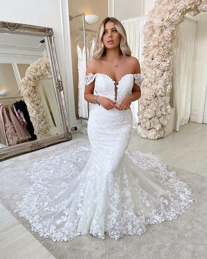 Off The Shoulder Mermaid Appliques Wedding Dresses Lace Backless Bridal Gowns