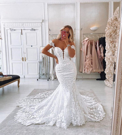 Off The Shoulder Mermaid Appliques Wedding Dresses Lace Backless Bridal Gowns