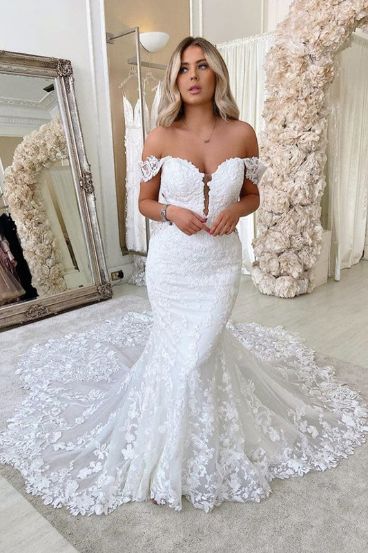 Off The Shoulder Mermaid Appliques Wedding Dresses Lace Backless Bridal Gowns