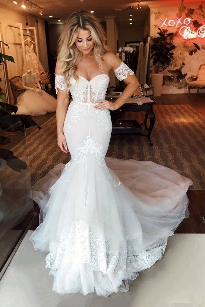 Off the Shoulder Puffy Tulle Wedding Dress Mermaid Appliques Sweep Train Bridal Gowns