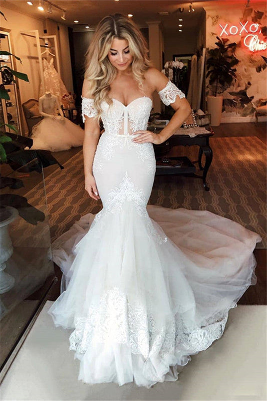 Off the Shoulder Puffy Tulle Wedding Dress Mermaid Appliques Sweep Train Bridal Gowns