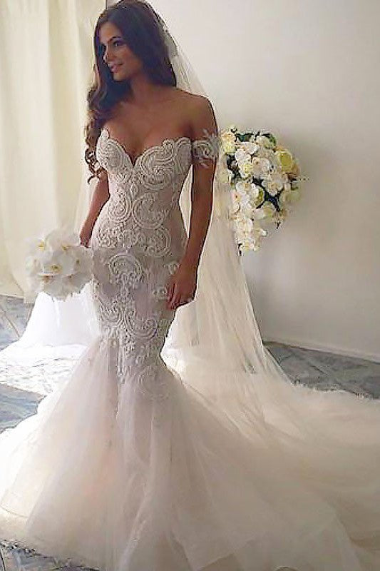 Off the Shoulder Sleeveless Mermaid Tulle Chapel Train Wedding Dresses