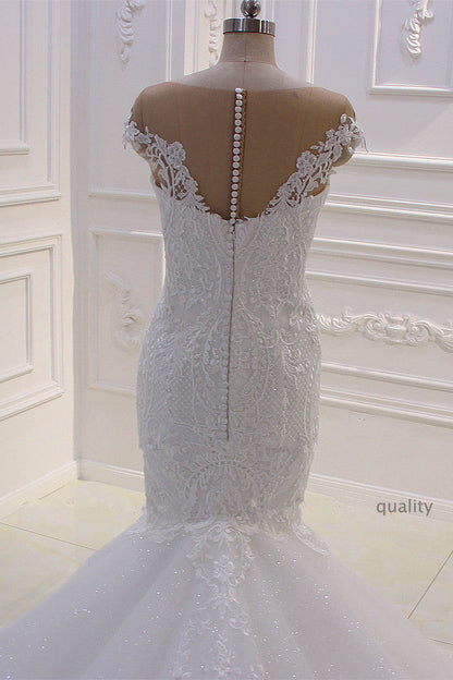 Off the Shoulder Sweetheart White Lace Appliques Tulle Mermaid Wedding Dress