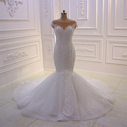 Off the Shoulder Sweetheart White Lace Appliques Tulle Mermaid Wedding Dress