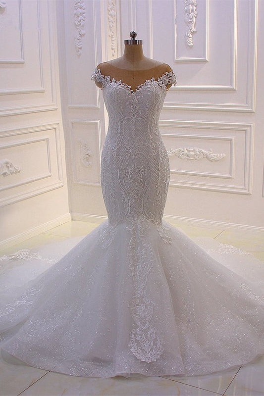 Off the Shoulder Sweetheart White Lace Appliques Tulle Mermaid Wedding Dress