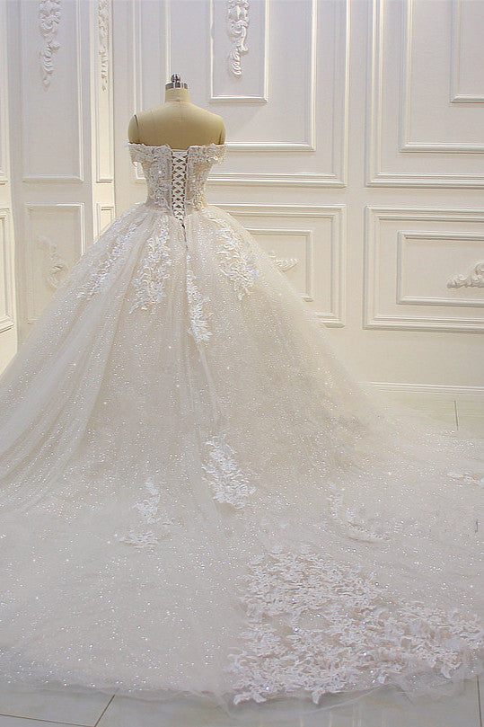 Off the shoulder Tulle Lace Appliques Sequined Wedding Dress