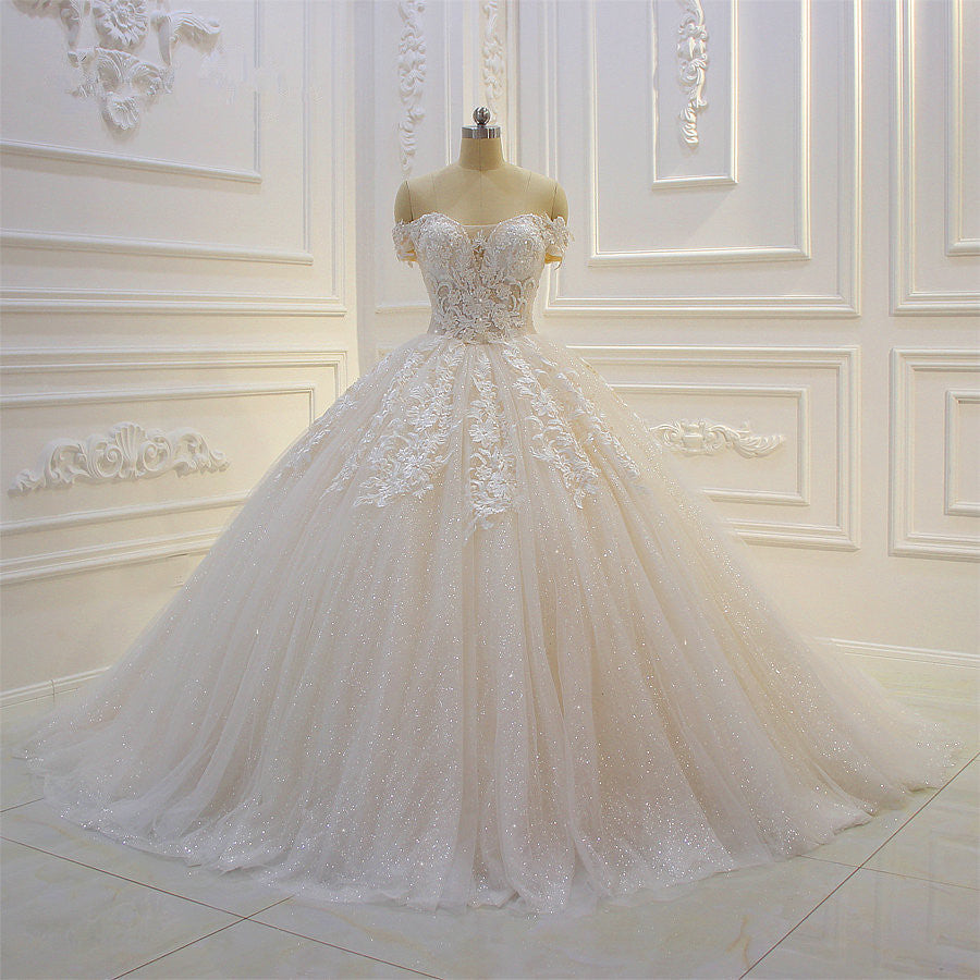 Off the shoulder Tulle Lace Appliques Sequined Wedding Dress