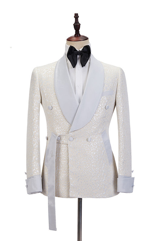 Off White Shawl Lapel Slim Fit Jacquard Bespoke Wedding Suits