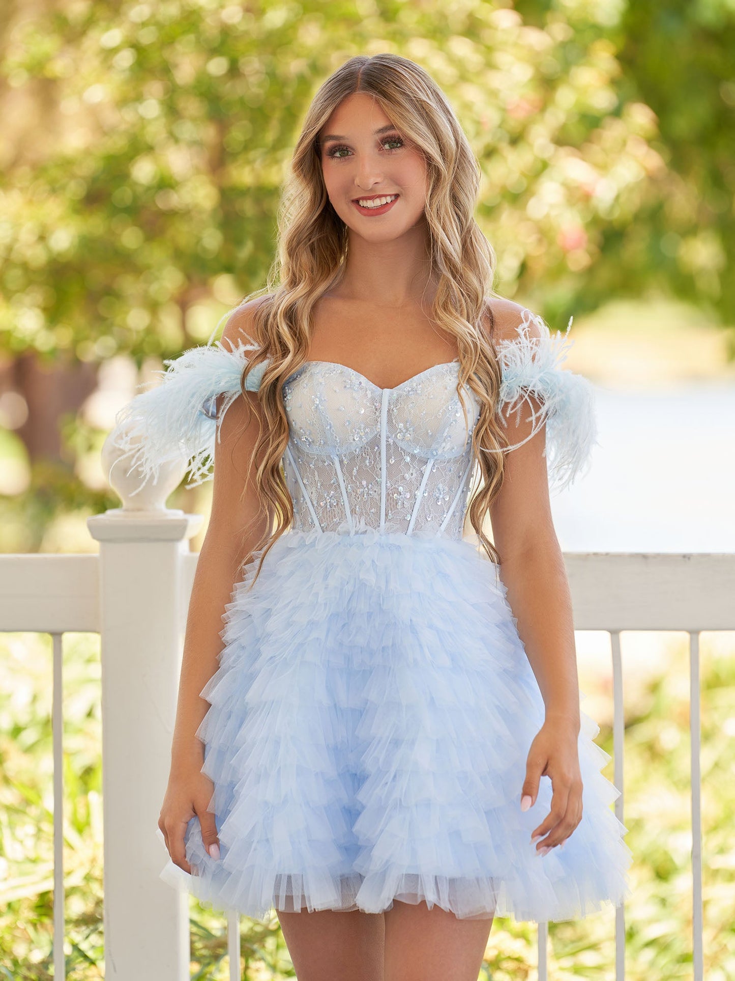 Olivia | A Line Off the Shoulder Sky Blue Homecoming Dress with Feather