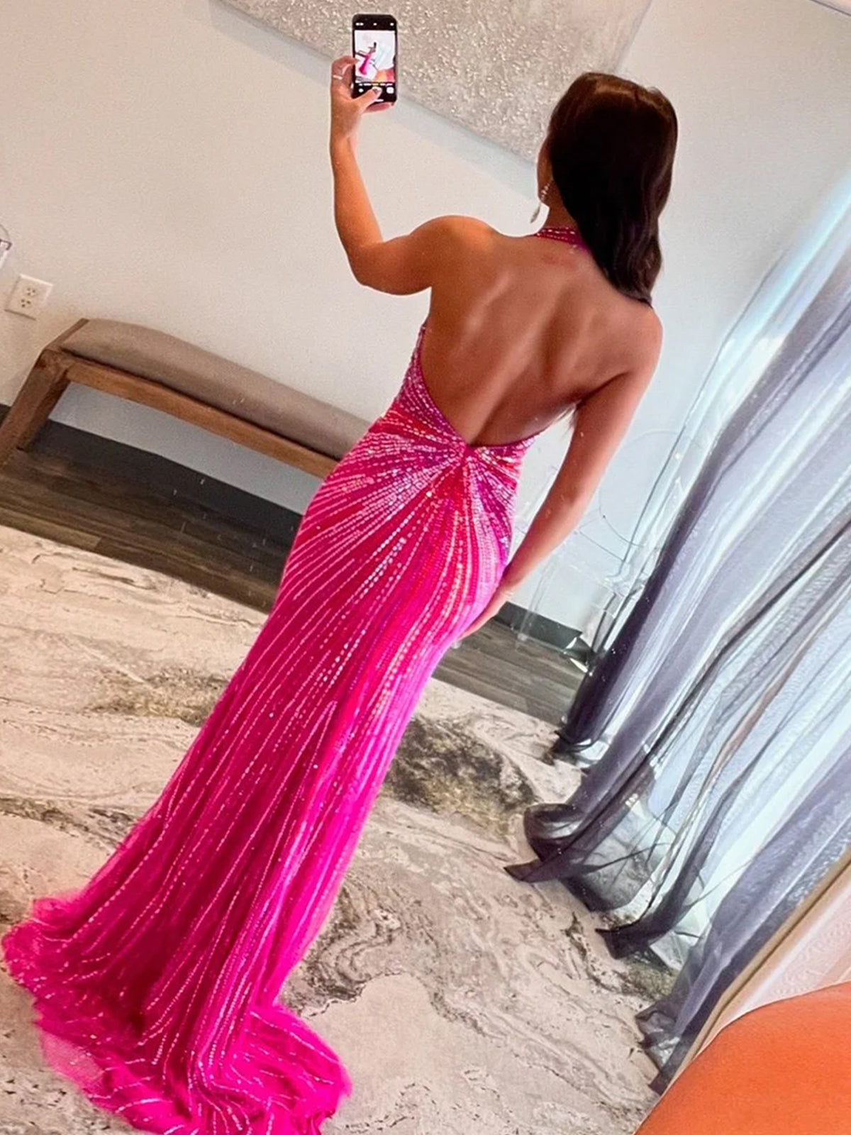 Ollie | Fuchsia Halter Mermaid Beaded Prom Dress With Split