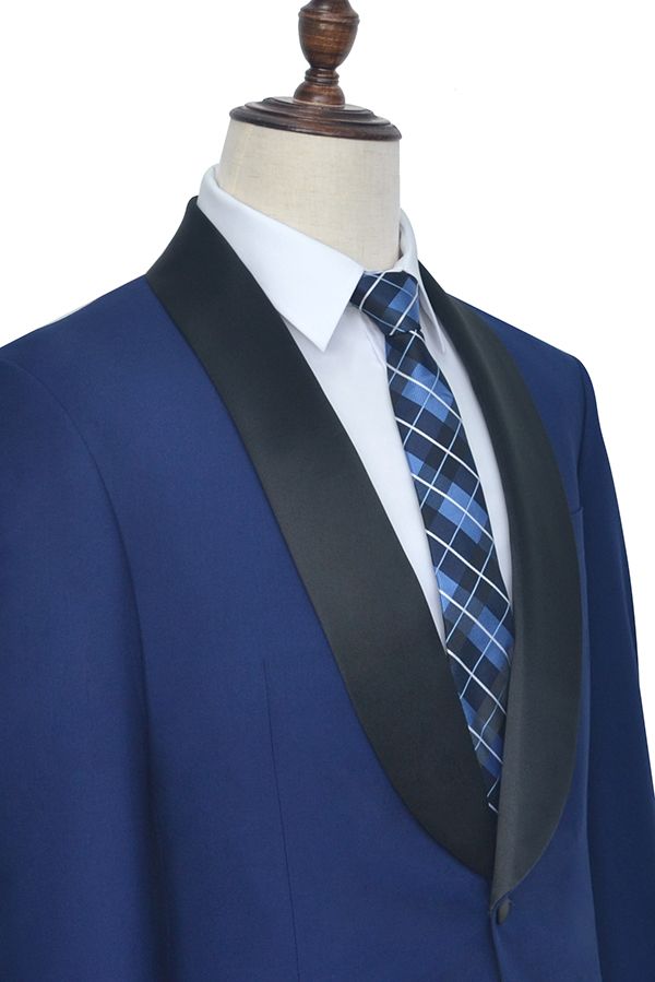 One Button Black Silk Shawl Lapel Wedding Suits for Men Classic Blue Mens Prom Suits