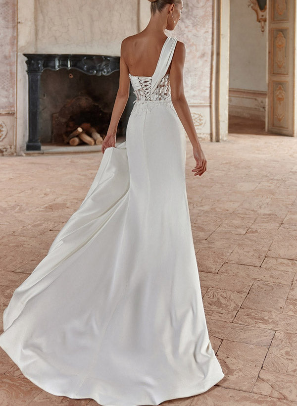 One-Shoulder Sleeveless Satin Wedding Dresses High Split